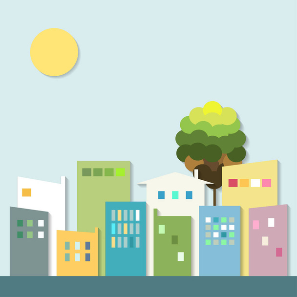 Modern City With Colorful Houses And Sun. Healthy Living Concept. - Vector, Image