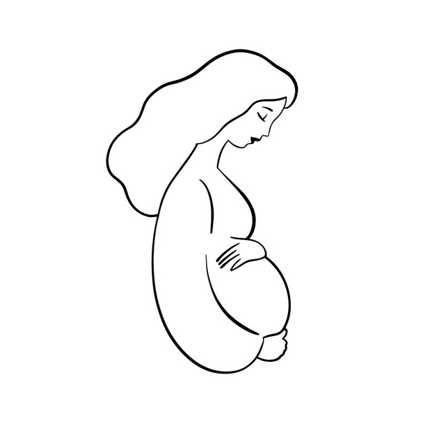 Donna incinta disegnata a mano con capelli ricci, ritratto di profilo con mani sulla pancia. Elegante logo - Vettoriali, immagini