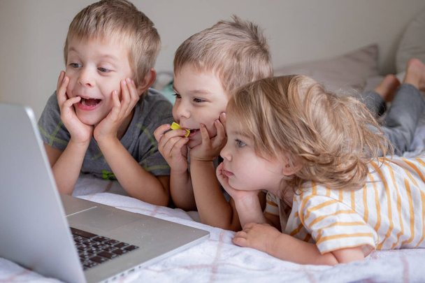 Little kids having video chat via laptop at home lifestyle - Foto, Imagen