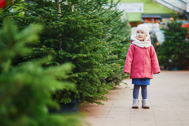Happy cheerful preschooler girl on Christmas tree market selecting a tree for New Year and Xmas celebration at home. Holidays with kids - Fotografie, Obrázek