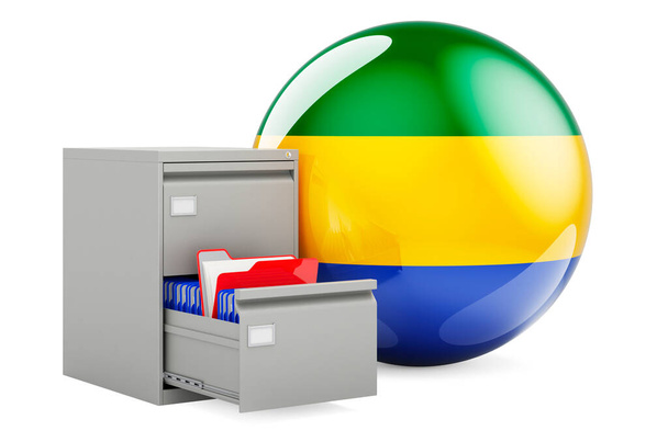 Baza danych w Gabonie, koncept. Foldery w szafce z flagą Gabonu, renderowanie 3D izolowane na białym tle - Zdjęcie, obraz