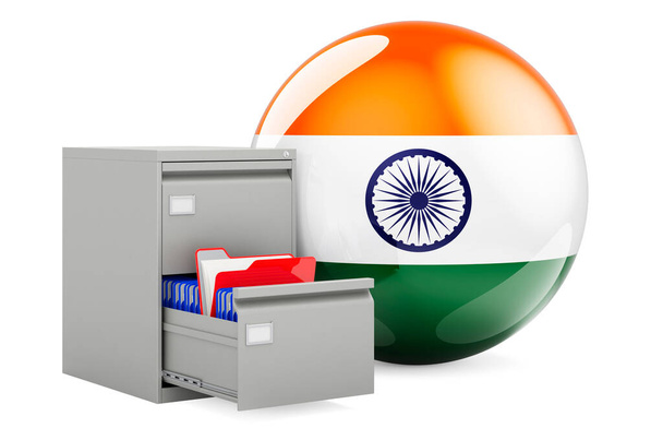Base de données en Inde, concept. Dossiers dans classeur avec drapeau indien, rendu 3D isolé sur fond blanc - Photo, image