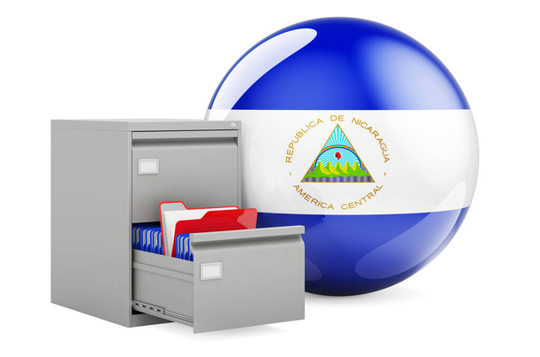 Base de données au Nicaragua, concept. Dossiers dans classeur avec drapeau nicaraguayen, rendu 3D isolé sur fond blanc - Photo, image