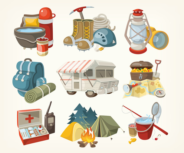 Set of items for hiking - Vector, Image