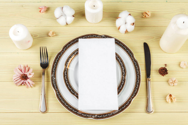 Top view of a wedding table setting with decorations - Foto, Imagem