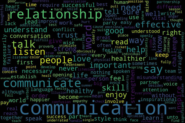 Wortwolke aus Kommunikationskonzept auf schwarzem Hintergrund. - Foto, Bild