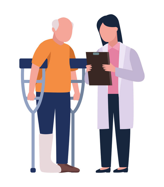 doctor and grandfather in crutches - Vector, Image