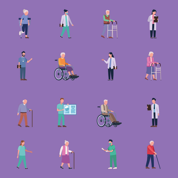 sixteen geriatrics doctors and olders - Vector, Image