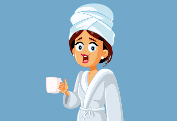 Happy Woman Holding a Coffee Mug in the Morning Vector Cartoon - Vettoriali, immagini