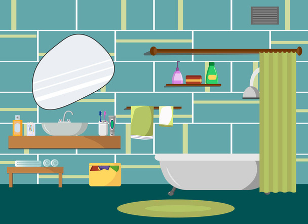 Ilustracja wnętrza łazienki. Łazienka z prysznicem, umywalka, akcesoria do prania, lustro. - Wektor, obraz