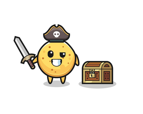 el personaje pirata papas fritas sosteniendo espada al lado de una caja del tesoro, lindo diseño - Vector, Imagen