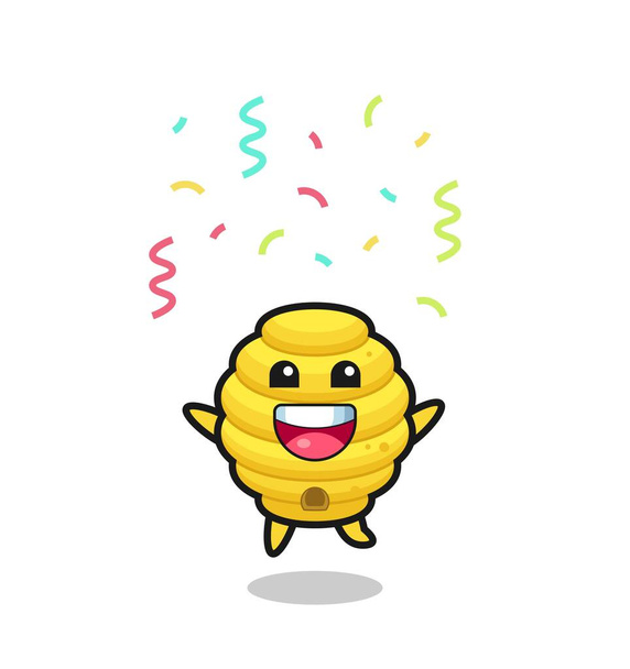счастливый пчелиный улей талисман прыгает для поздравления с цветом конфетти, милый дизайн - Вектор,изображение