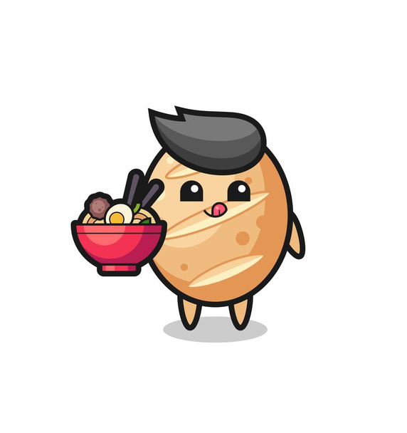 かわいいフランスパンのキャラクターが麺を食べる、かわいいデザイン - ベクター画像