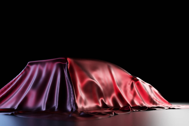 3D απεικόνιση του περίγραμμα ενός αγωνιστικού αυτοκινήτου κάτω από ένα πανί με αντανακλάσεις σε μαύρο φόντο. Δώρο αυτοκινήτου έκπληξη - Φωτογραφία, εικόνα