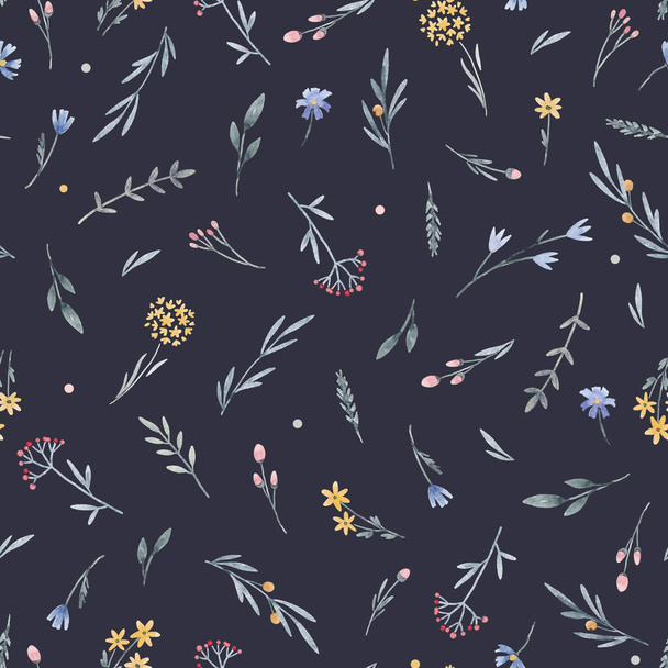 Beautiful floral seamless pattern with cute watercolor hand drawn wild flowers. Stock illustration. - Φωτογραφία, εικόνα