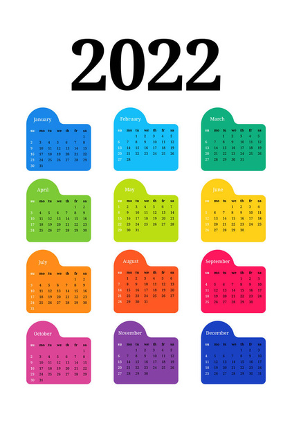 Calendario 2022 isolato su sfondo bianco. Da domenica a lunedì, modello di business. Illustrazione vettoriale - Vettoriali, immagini
