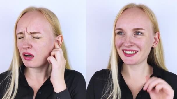 Önce ve sonra. Soldaki kadın kulak ağrısını gösteriyor, sağdaki de kulağın artık ağrımadığını gösteriyor. Ağrı yönetimi ve profesyonel tıbbi yardım kavramı - Video, Çekim