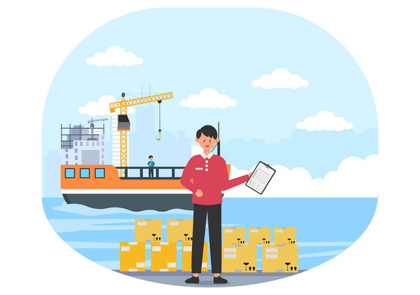 Spedizione del carico Container Logistics Consegna con il concetto di consegna di merci utilizzando Crane Ship, Truck o trasporto aereo. Illustrazione vettoriale di sfondo - Vettoriali, immagini