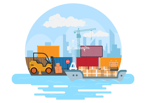 Spedizione del carico Container Logistics Consegna con il concetto di consegna di merci utilizzando Crane Ship, Truck o trasporto aereo. Illustrazione vettoriale di sfondo - Vettoriali, immagini