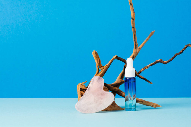 Serum or essence in a bottle and gua sha massage scraper with wooden materials. Selfcare, beauty and health concept. Space for text - 写真・画像