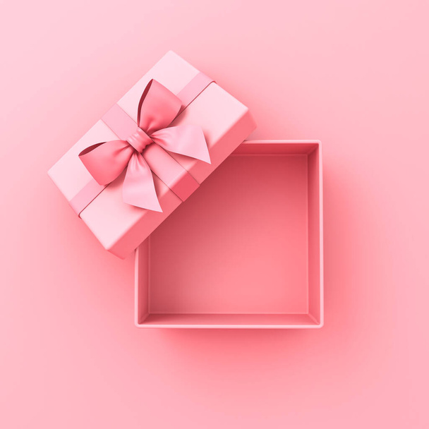 Blank sweet pink pastel color present box or top view of open gift box with pink ribbon and bow isolated on pink background with shadow minimal concept 3D rendering - 写真・画像