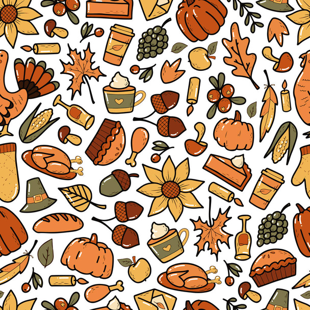 Thanksgiving seamless pattern with hand drawn doodles - Vettoriali, immagini