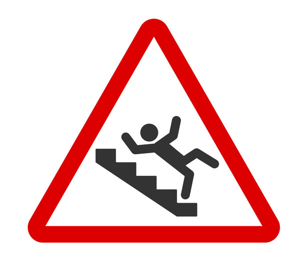 Varoitusportaikon kyltti. Mies putoaa portaista. Merkki varoituksesta vaarasta. Liukkaat portaat kuvake punainen kolmio. Vector kuva eristetty valkoisella taustalla - Vektori, kuva