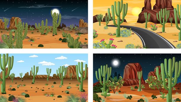 Cenas diferentes com paisagem de floresta deserta com animais e plantas ilustração - Vetor, Imagem