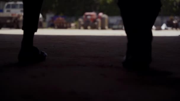 Κοντινό πλάνο άνδρες και γυναίκες αγρότες με τα πόδια μέσα από το αγρόκτημα βάρδος μαζί μετά από κουραστική μέρα εργασίας - Πλάνα, βίντεο