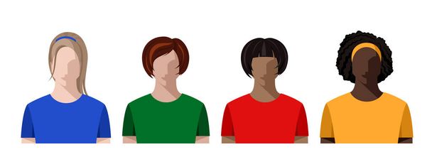 Junge Frauen, Mädchen verschiedener Rassen, Hautfarben und Haare in bunten T-Shirts. Avatarporträts, isolierte Vektorillustration in flachem Stil - Vektor, Bild