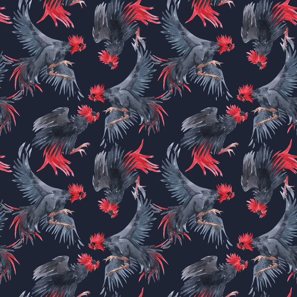 Beautiful seamless pattern with watercolor fighting black roosters. Stock illustration. - Valokuva, kuva