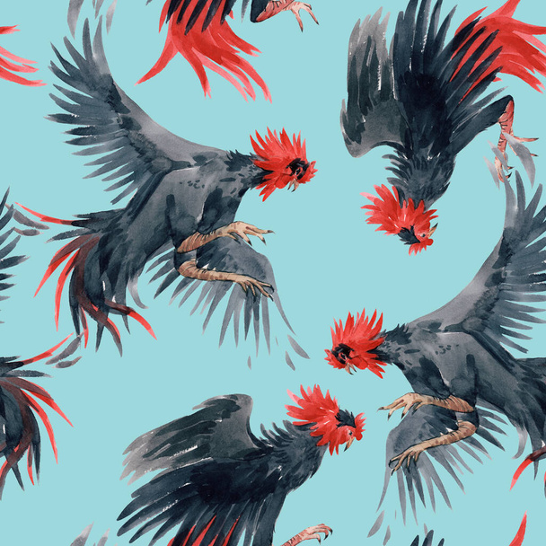 Beautiful seamless pattern with watercolor fighting black roosters. Stock illustration. - 写真・画像