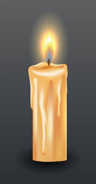 Burning candle with dripping or flowing wax. Yellow candle with golden flame. Lit and melted wax. Illustration of beautiful glowing candle on dark background - ベクター画像
