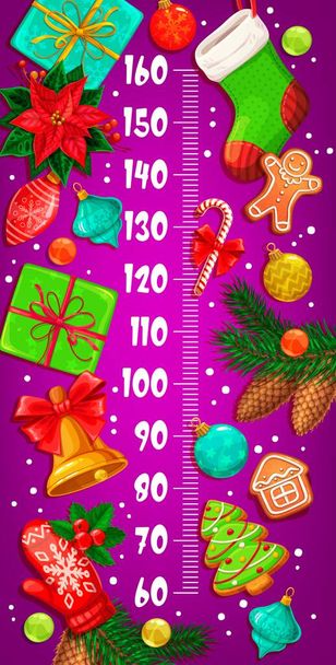 Boże Narodzenie dzieci wykres wysokości z prezentów, poinsettia, Holly berry, sosna i kulki świąteczne. Miernik wzrostu wektora, linijka kreskówek, naklejka ścienna do pomiaru wysokości dziecka z podziałką i prezentuje - Wektor, obraz