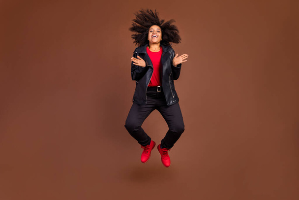 Full size portrait of energetic carefree overjoyed person have fun isolated on brown color background - Fotó, kép