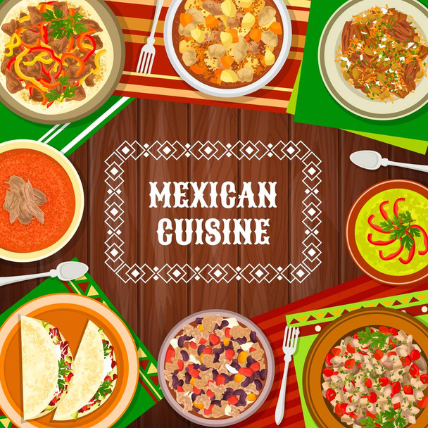 Μεξικάνικη κουζίνα πιάτα τροφίμων, Μεξικό γεύματα μενού καλύψει, διάνυσμα παραδοσιακό εστιατόριο δείπνο και μεσημεριανό γεύμα. Μεξικάνικα τάκος τροφίμων και αβοκάντο, κουζίνα της Λατινικής Αμερικής γκουρμέ εθνικά πιάτα στο τραπέζι - Διάνυσμα, εικόνα