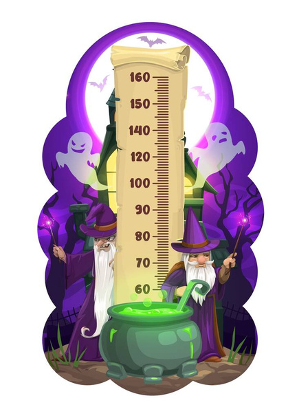 Halloween kids height chart, cartoon wizards and ghosts. Vector growth measure wall sticker meter for children height measurement with magicians characters at cauldron near haunted house and scale - Vector, Image