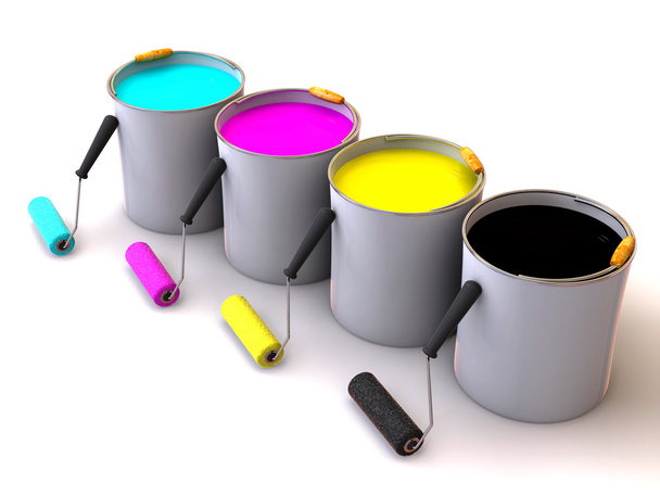 Rollers brush and buckets of paint. 3d - Photo, Image