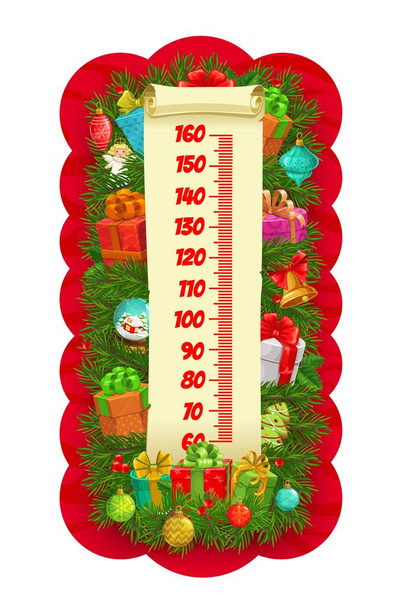 Vánoční stromeček a dárky děti výška graf růst metr. Vektorové pravítko, izolovaná nástěnná samolepka pro měření výšky dětí s kreslenou stupnicí a dárkovými krabicemi na smrkových větvích s vánočním dekorem - Vektor, obrázek