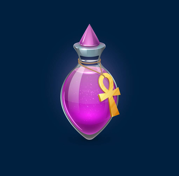 Witchcraft potion bottle with Egyptian sandstorm spell, vector magic elixir for game asset. Pink love potion or witch spell flask with Egypt sign and crystal glass bung, magic and alchemy vial - Вектор, зображення
