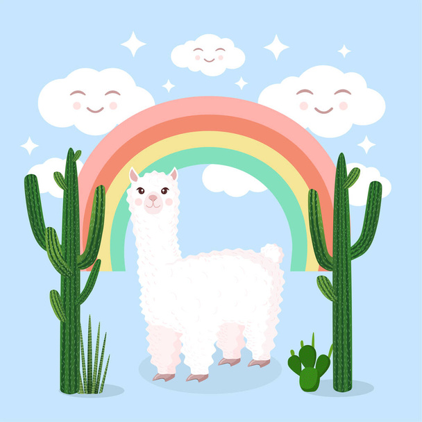 Linda llama o alpaca en el fondo de un arco iris, nubes alegres y cactus. Ilustración vectorial para tarjeta de felicitación, póster, textura, textil, decoración. Personaje de dibujos animados - Vector, Imagen
