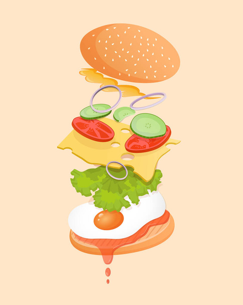 Vegetarischer Burger mit fliegenden Zutaten wie Ei, Ketchup, Salat, Tomaten, Gurken, Zwiebeln, Soße und Käse. Flache Abbildung des Fast-Food-Burgers für Poster, Werbung, Speisekarte, Web - Foto, Bild