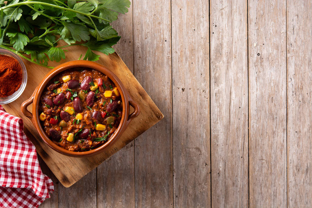 Traditional mexican tex mex chili con carne in a bowl.Top view. Copy space - Photo, Image