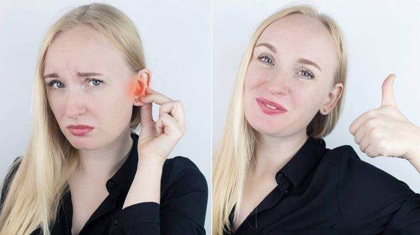 До и после. Слева женщина указывает на боль в ухе, а справа на то, что ухо больше не болит. Концепция управления болью и профессиональной медицинской помощи - Фото, изображение