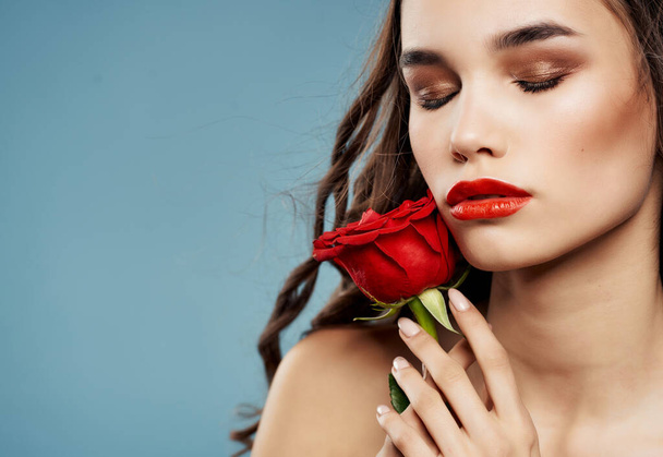 beautiful woman attractive look rose flower clean skin posing - Photo, Image