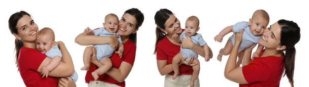 Collage with photos beautiful mother and her cute baby on white background. Banner design - Fotó, kép