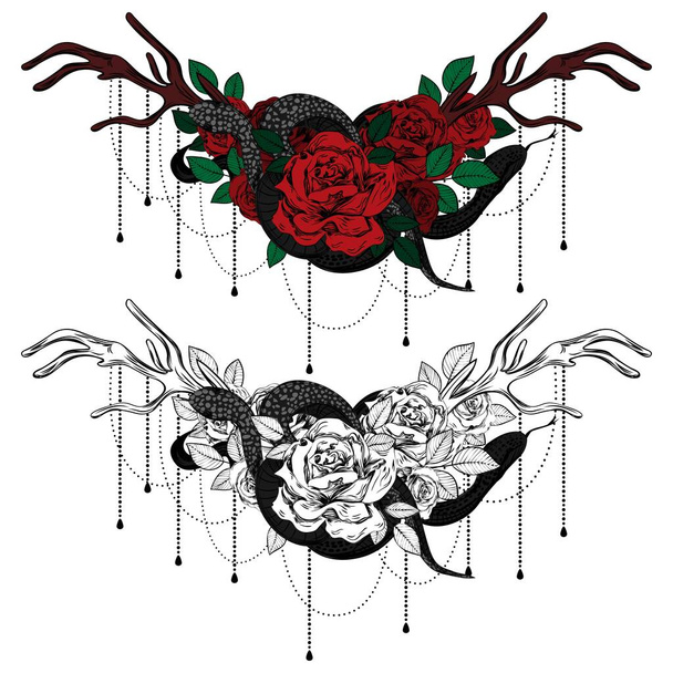 Roses et serpents vintage. Ensemble de tatouages gothiques. Collection d'illustrations vectorielles isolées graphiques et couleurs. - Vecteur, image