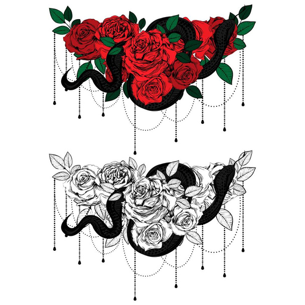 Rosas y serpientes vintage. Conjunto de tatuajes góticos. Colección de ilustraciones vectoriales gráficas y a color aisladas. - Vector, imagen