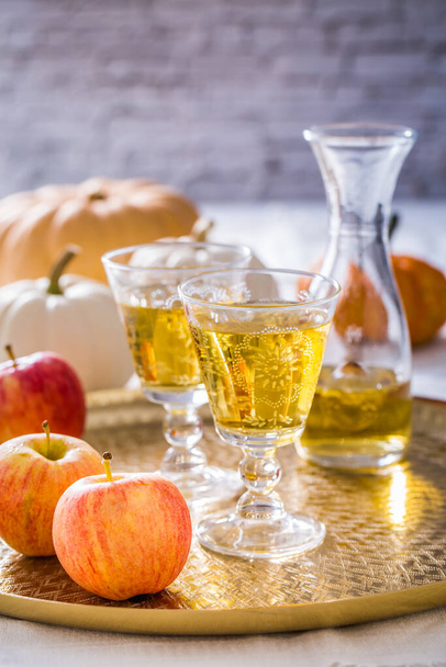 Apple cider with fresh apples and pumpkins for Thanksgiving and autumn - Photo, Image