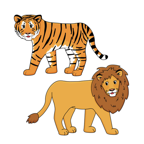 Kaplan ve aslan vektörü hayvanları izole etti. Beyaz arkaplana el çizimi karikatür - Vektör, Görsel